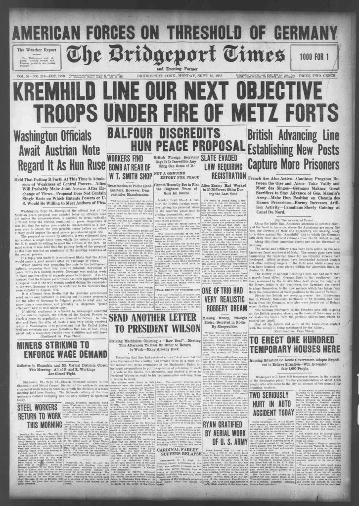A newspaper clipping of the front page of the bridgeprot times titled kremhil line our next objective troops under fire of. metz forts
