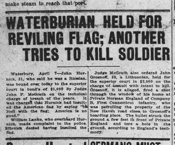 A newspaper clipping titled watervurian held for reviling flag; another tried to kill soldier