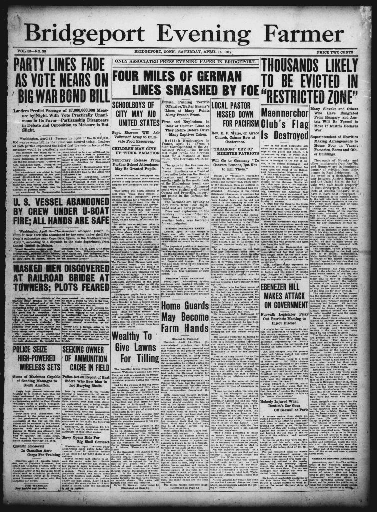 A newspaper clipping of the front page of bridgeport evening farmer dated april 14 1917