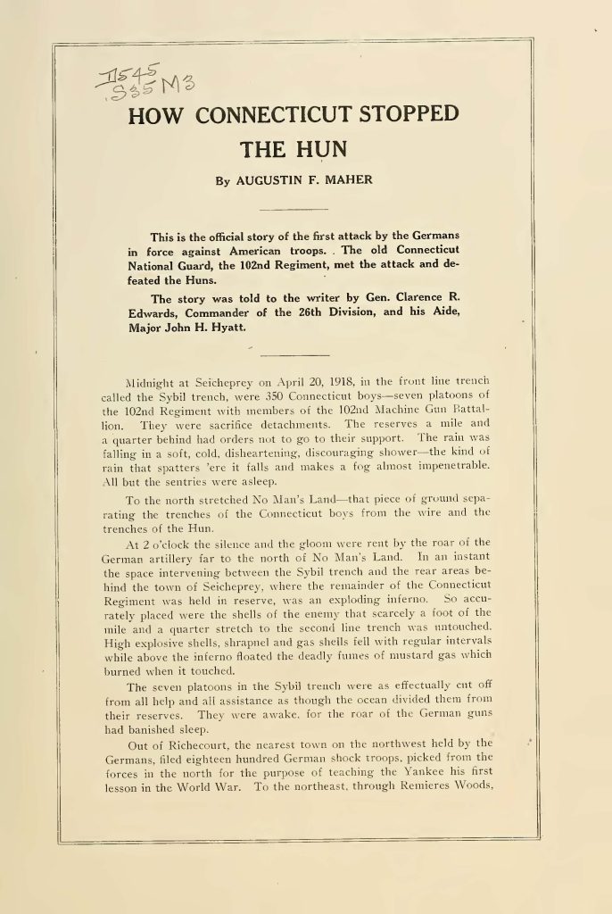 internal page of a pamphlet titled "when connecticut stopped the hun" about the batte of seicheprey from april 20 - 21 1918