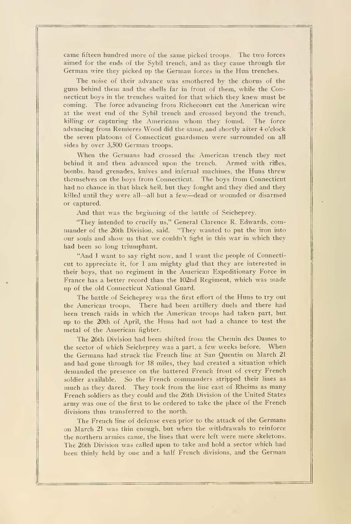 internal page of a pamphlet titled "when connecticut stopped the hun" about the batte of seicheprey from april 20 - 21 1918