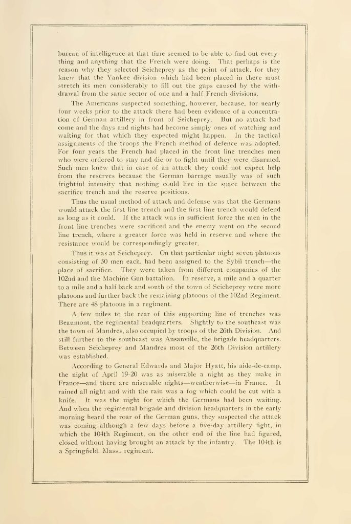 internal page of a pamphlet titled "when connecticut stopped the hun" about the batte of seicheprey from april 20 - 21 1918