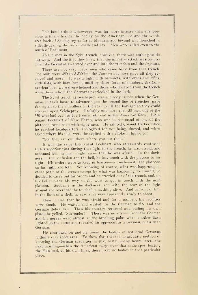 internal page of a pamphlet titled "when connecticut stopped the hun" about the batte of seicheprey from april 20 - 21 1918