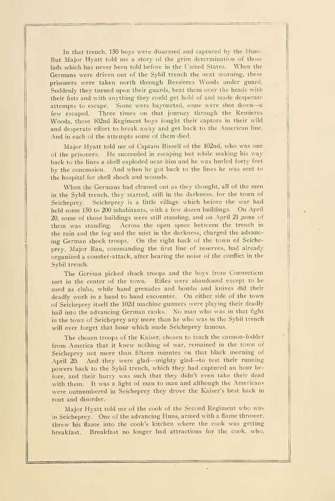 internal page of a pamphlet titled "when connecticut stopped the hun" about the batte of seicheprey from april 20 - 21 1918