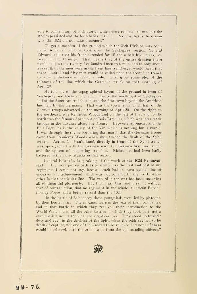 internal page of a pamphlet titled "when connecticut stopped the hun" about the batte of seicheprey from april 20 - 21 1918