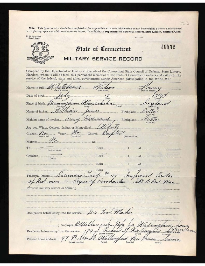 official state of connecticut military service record for wilson harry whitehouse
