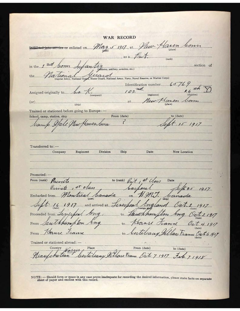 official state of connecticut military service record for wilson harry whitehouse