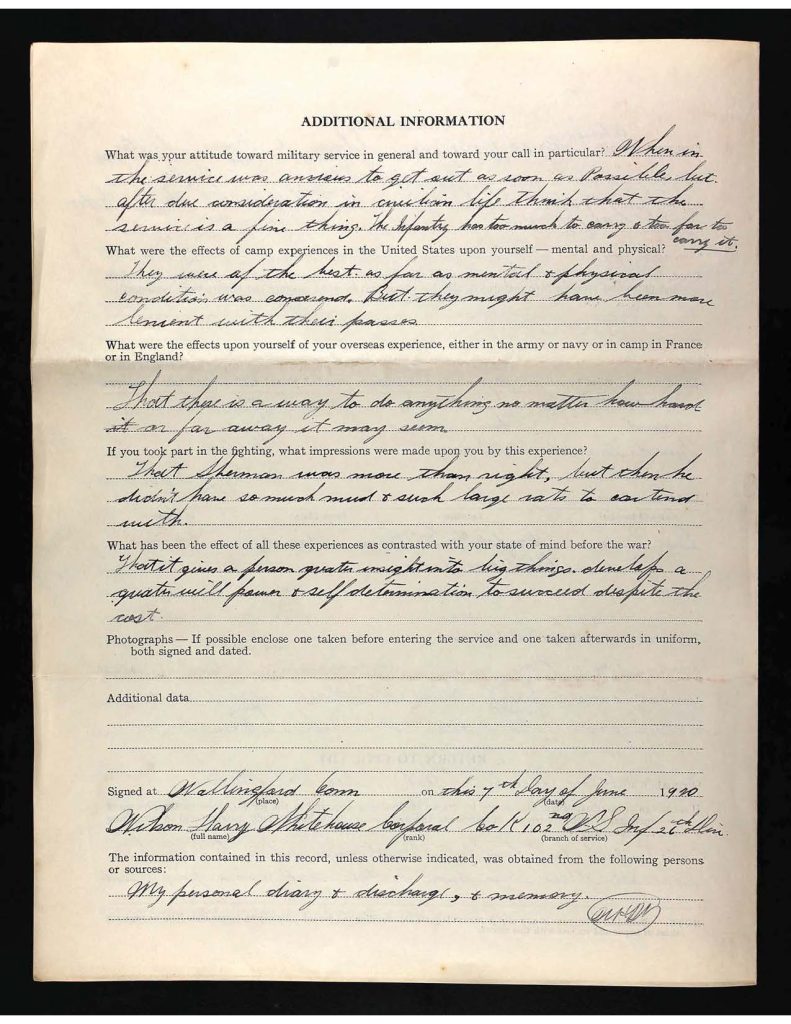 official state of connecticut military service record for wilson harry whitehouse