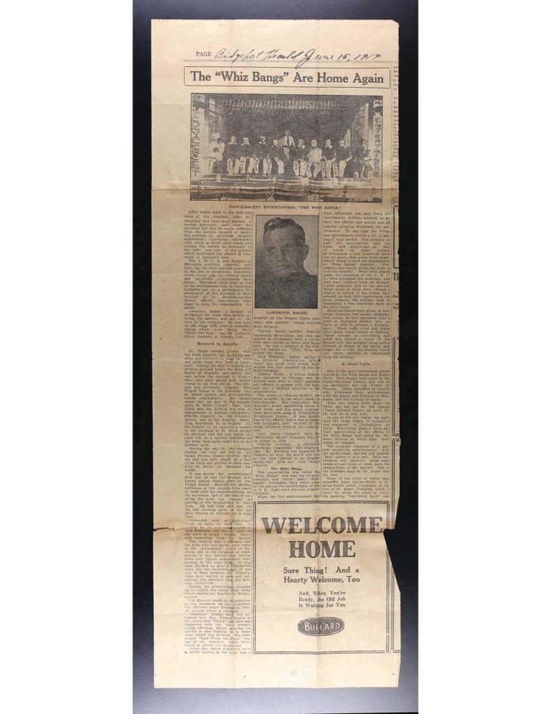 A newspaper clipping titled the whiz bangs are home again