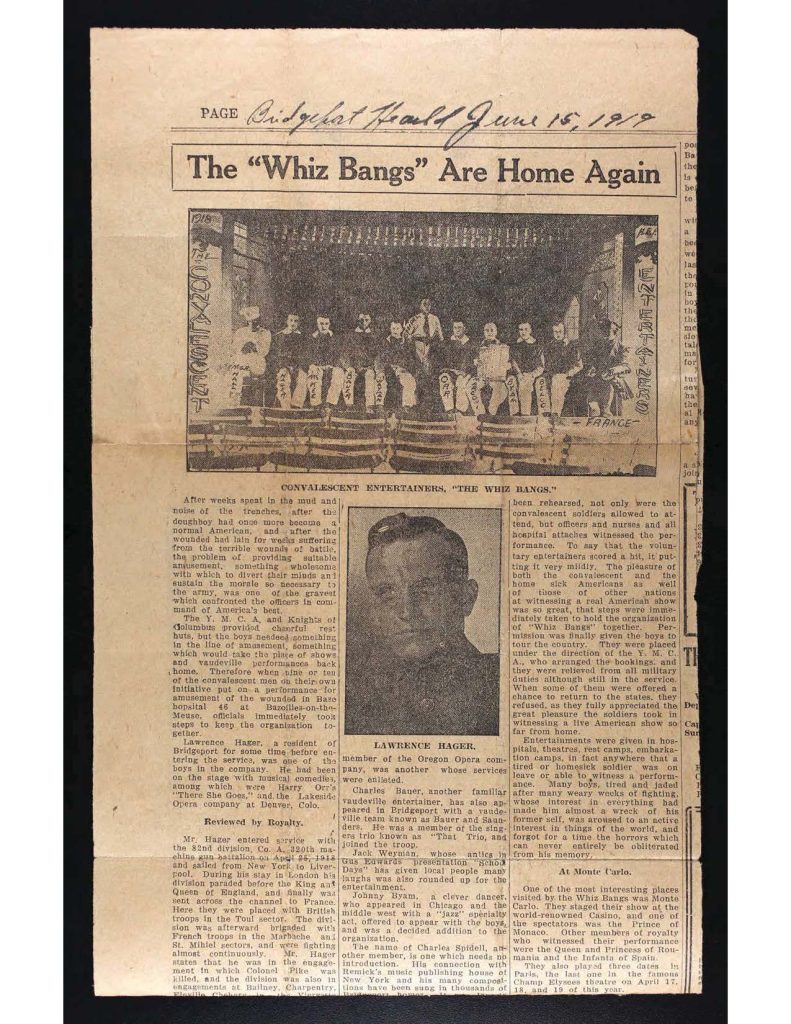 A newspaper clipping titled the whiz bangs are home again