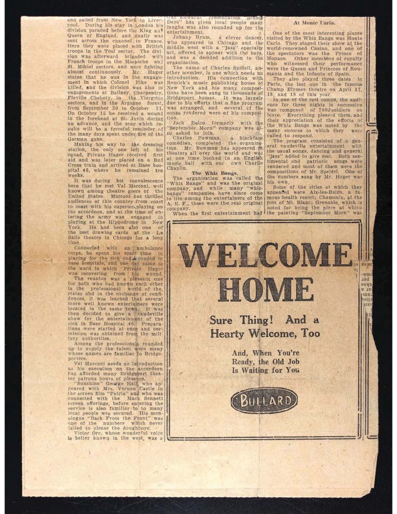 A newspaper clipping titled the whiz bangs are home again