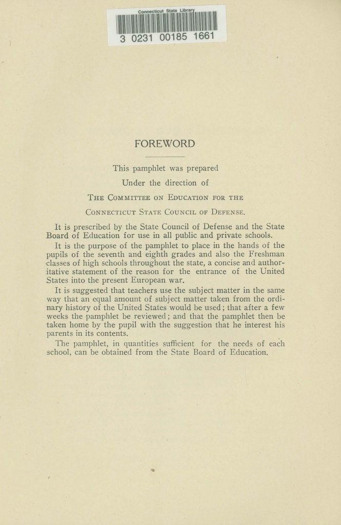 a booklet issued by the connecticut state council of defense committee on education titles 'why we are at war with germany'
