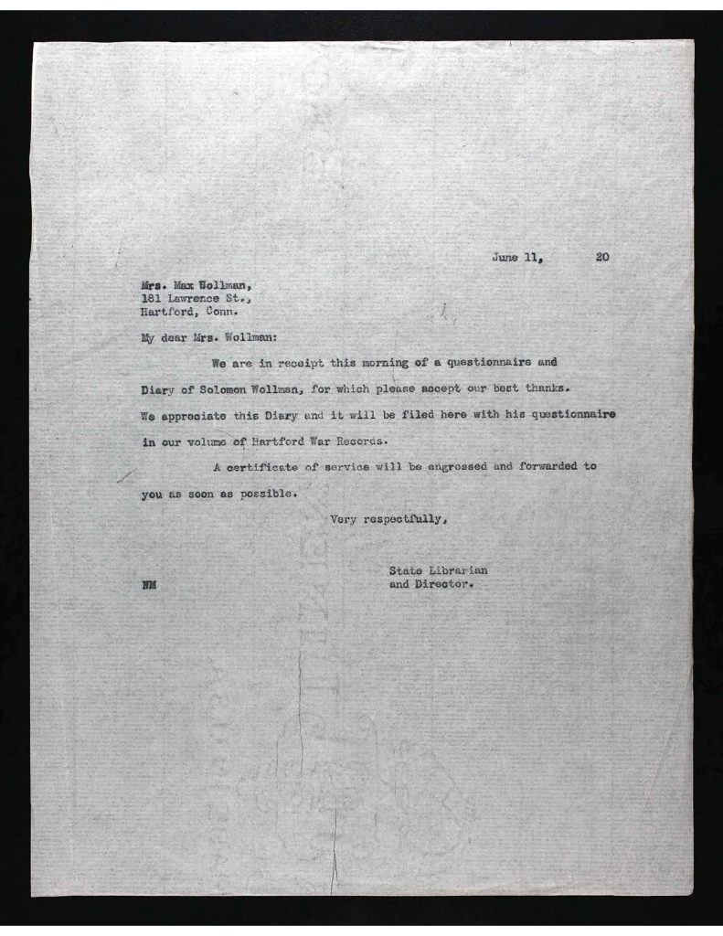 a typewritten letter dateed june 11 1920 thanking solomon wollman's mother for providing his diary for historical records