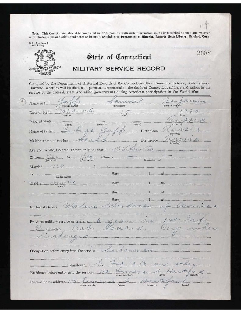 official state of connecticute military swervice record for samuel benjamin yaffo