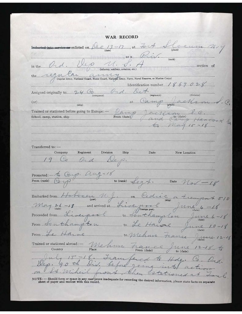 official state of connecticute military swervice record for samuel benjamin yaffo
