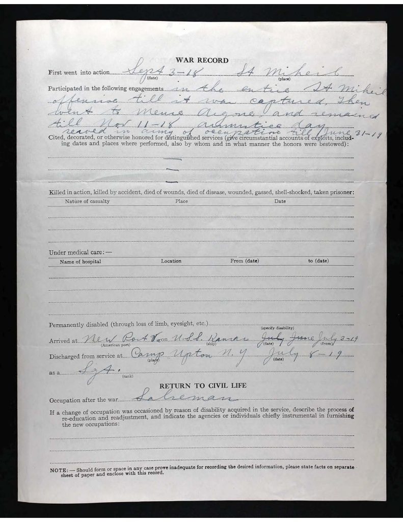 official state of connecticute military swervice record for samuel benjamin yaffo