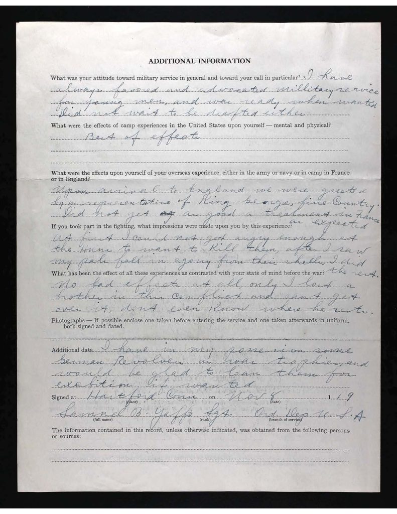 official state of connecticute military swervice record for samuel benjamin yaffo