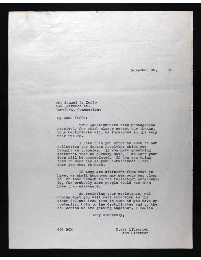 a typewritten letter dated november 25, 1919 to samule yaffo fro the state librarian thank him for submitting a questionnaire and photos for historical records